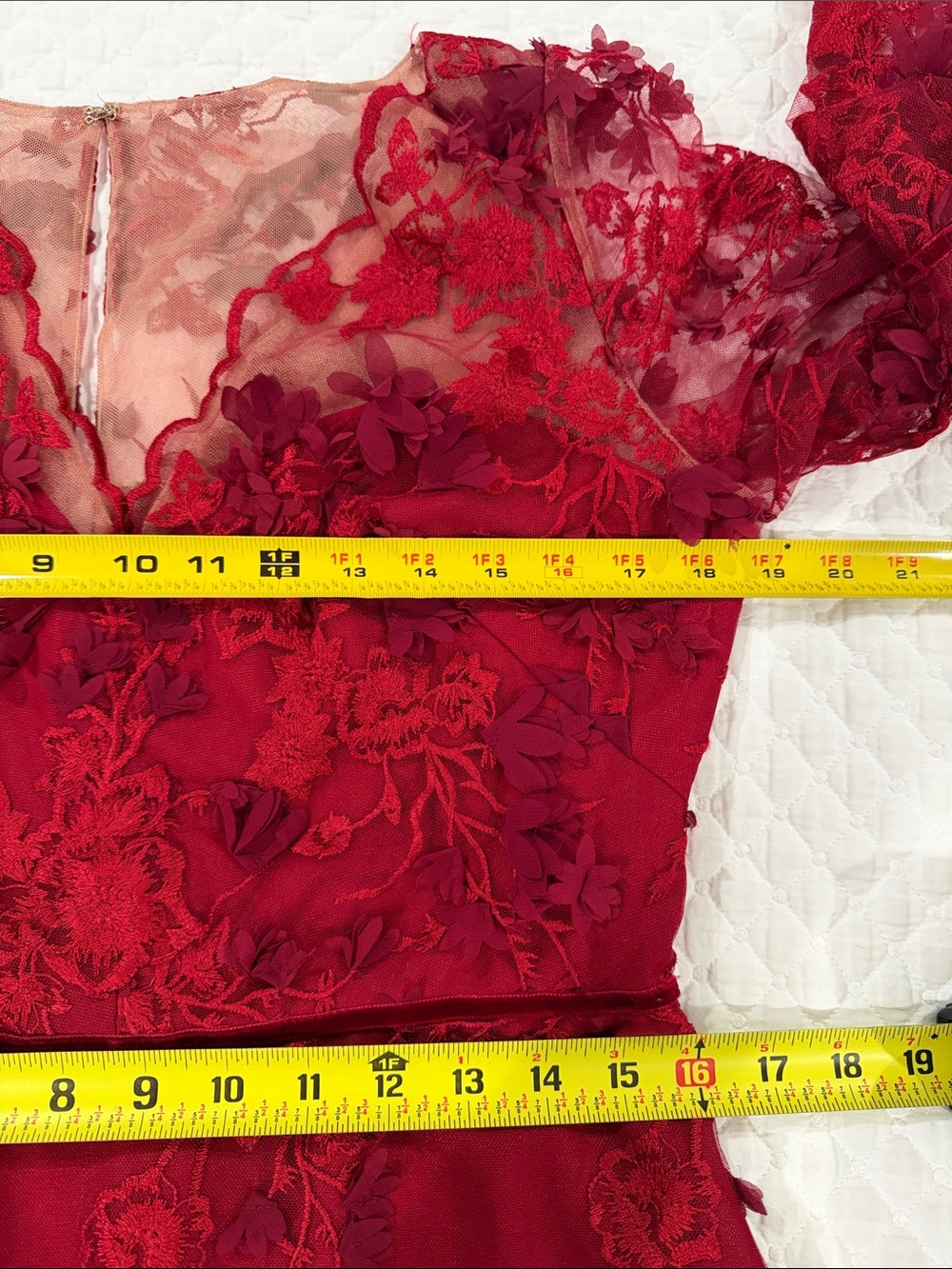 Marchesa Notte Red Lace Midi Dress 3d Floral Appliqué Mesh Wedding Guest Size 10 - Picture 16 of 17